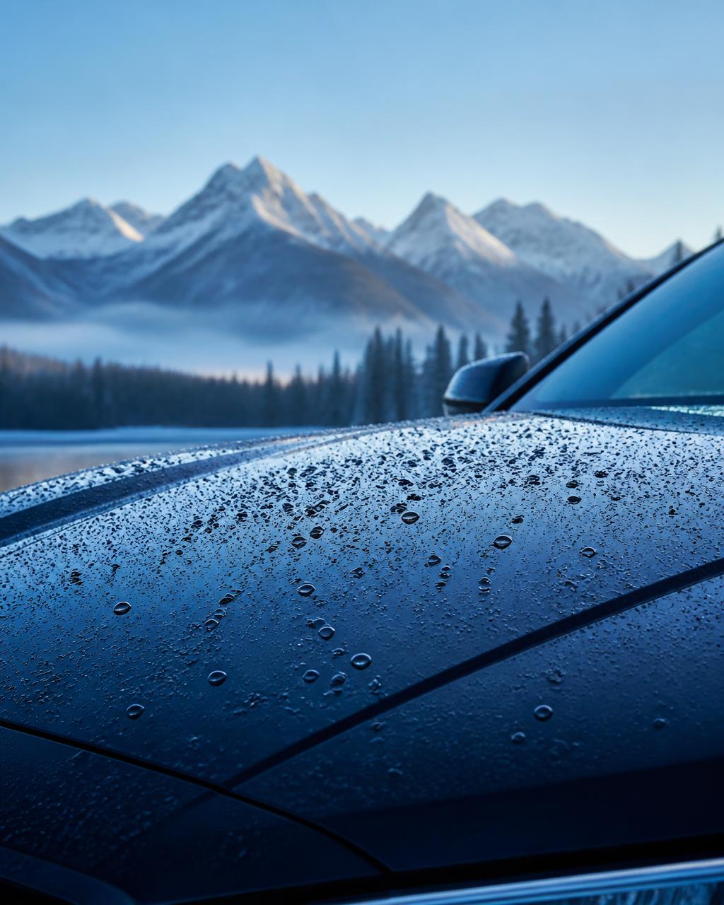 Freshly detailed car with water beading against a mountain backdrop